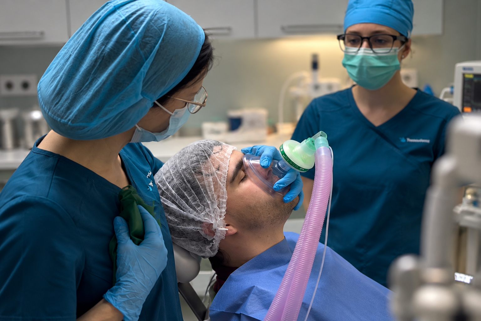Treatment room equipped for dentistry under general anesthesia at Trendo Dental, with an anesthesia machine and dental chair